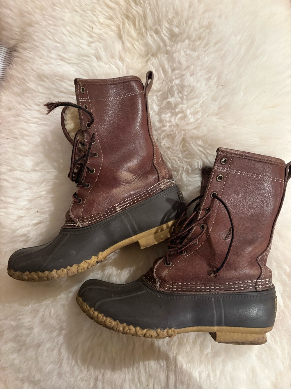 Vintage LL Bean Shearling Lined Brown Leather Duck Boots
